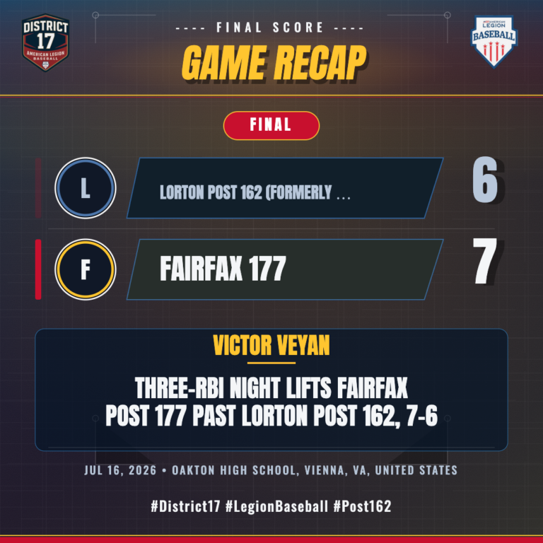 Lorton Post 162 (formerly Kingstowne D17) vs. Fairfax 177 game action — Jul 16, 2026